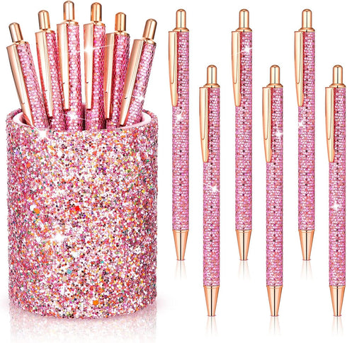 Bling Sequin Pen Holder with 6 Pcs Sequin Click Pens Cute Sequin Glitter Retractable Ballpoint Pens, Pencil Cups for Desk Organizer Makeup Brush H...