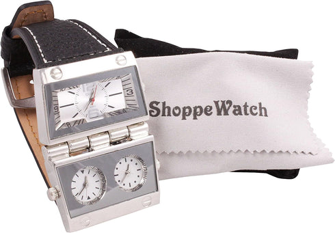 ShoppeWatch Mens Watch Large Face Oversize Three Time Zones Multi Dial Leather Band OM-165...