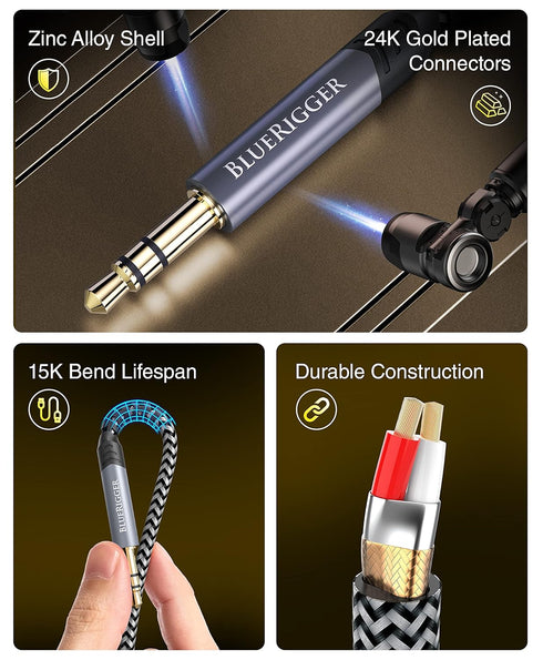 BlueRigger 3.5mm Stereo Audio Cable (15FT, 24K Gold Plated Jack, Auxiliary Cable, Male to Male, Hi-Fi Sound) – Aux Cord for Headphones, Home Car S...