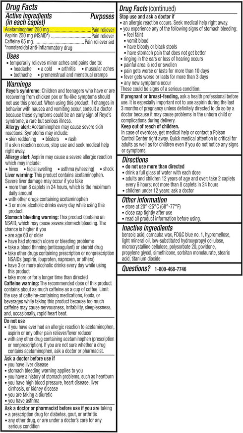 Excedrin Extra Strength Pain Relief Caplets for Headache Relief, Acetaminophen 250mg, Aspirin 250mg, Caffeine 65mg, Pain Reliever, 200 Count...
