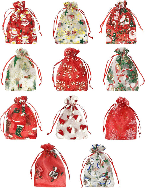 24PCS Christmas Organza Gift Bag 4X6 with Drawstring 11 Mix Pattern Small Goodie Candy Party Favor Xmas Gift Bags...
