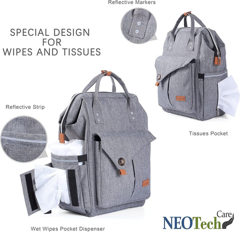 NeoTech Care Diaper Bag Backpack for Baby Girl/Boy, Wide Opening, Multifunction Organizing Pockets (Gray)...