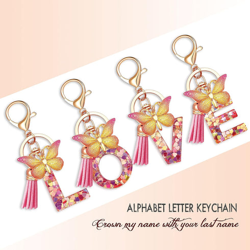 Initial letter Keychains for Women Tassel Butterfly Pink Purple Cute Car Keychain for Wallet Backpack bag charm...
