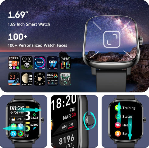 KALINCO Smart Watch for Men, 1.69" Fitness Tracker with Heart Rate, Blood Pressure, Blood Oxygen Tracking, Smartwatch with 100+ Sports Modes, Step...