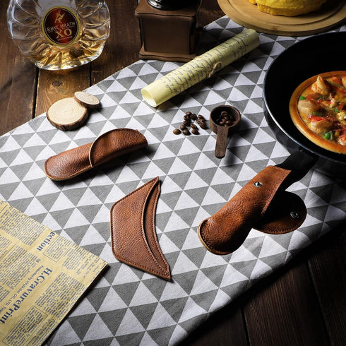 6 Pieces Cast Iron Handle Cover Handmade Thick Skillet Handle Cover Full Grain Frying Pan Sleeve Rustic PU Leather Hot Holder Double Layered Leath...