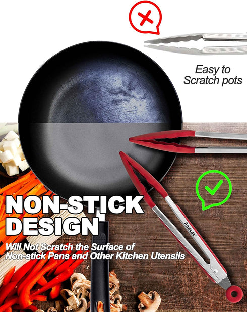 Anaeat Non-Stick Silicone Locking Tong Set of 3 - Stainless Steel 7", 9" and 12" Kitchen Food Tongs with Non-Slip Silicone Tips and Grip for Cooki...