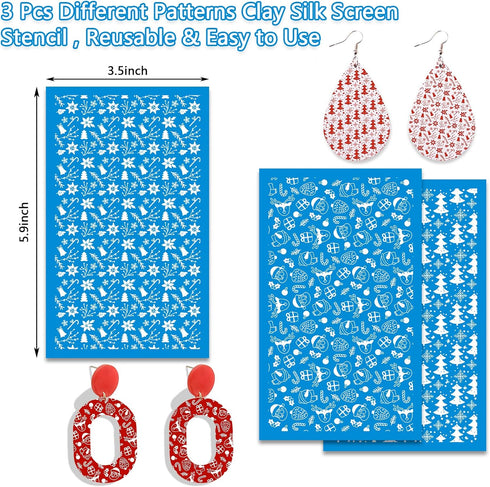 MEMOVAN Christmas Silk Screen Stencils for Polymer Clay 3pcs Reusable Holiday Silk Screen for Polymer Clay Cutters Printing on Clay for Jewelry Ma...