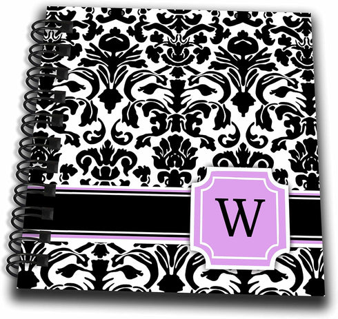 3dRose db_154398_3 Personal Initial W Monogrammed Pink Black and White Damask Pattern Girly Stylish Personalized Letter Mini Notepad, 4" x 4"...