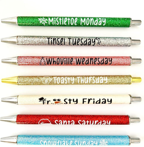 Jxueych 7Pcs Christmas Weekday Pens Glitter Pen with Funny Sayings Vibrant Fancy Ballpoint Pens Cute Gifts for Colleagues Office Supplies (Christm...