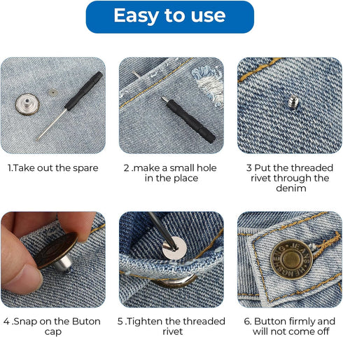 16 Pcs Jeans Buttons Replacement, 17 mm No-Sew Buttons for Jeans Pants Button Tightener Pins Replacement Repair Kit with Threads Rivets and Screwd...