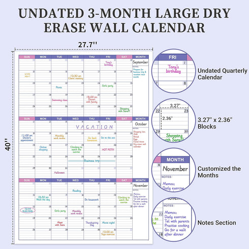 BooQool Large Dry Erase Calendar for Wall - Undated 3 Month Calendar, 27.7'' x 40'', Erasable & Reusable Laminated White Board with 8 Round Sticke...