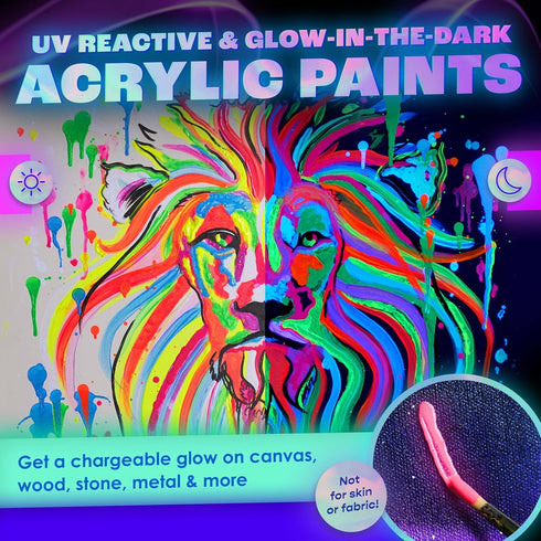 neon nights 2-IN-1 Glow In The Dark Acrylic Paint Set Glows in the Dark & under UV Blacklight - Set of 8 Self-Luminous Neon Paints for Halloween -...