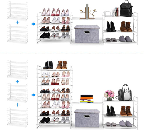 Simple Trending 4-Tier Stackable Shoe Rack, Expandable & Adjustable Shoe Organizer Storage Shelf, Wire Grid, White...