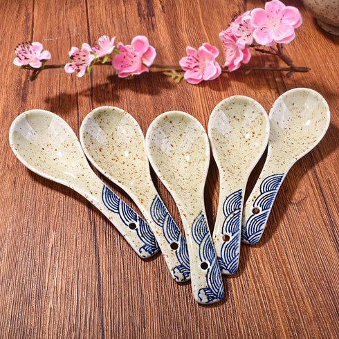 Soup Spoons Set of 5,Asian Soup Spoon Ceramic Ramen Spoons, Japanese Soup Spoons Perfect Depth for Dumpling, Pho, Noodles, Miso, Chinese Wonton, D...