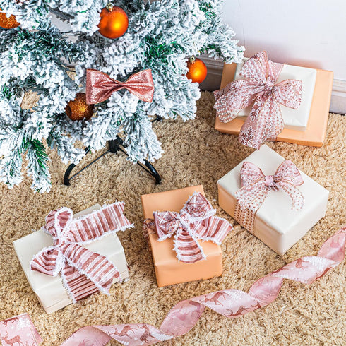 Rose Gold Christmas Ribbon Wired 2.5" Pink Christmas Tree Ribbon Garland Rose Gold Glitter Wired Ribbon for Crafts, Wreaths, Topper Bows, Gift Wra...