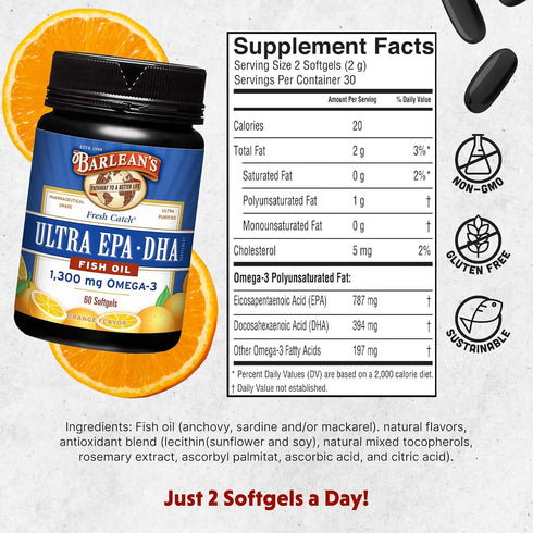 Barlean's Omega 3 Fish Oil Supplements, Supplement Softgels for Men and Women, 1300 mg Ultra EPA and DHA Fatty Acids, Orange Flavored, 60 Count...