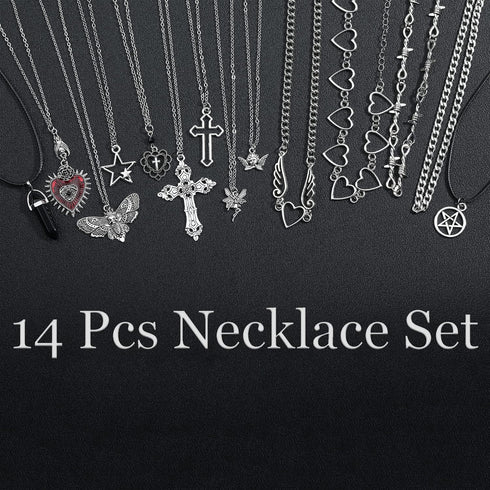 14 Pcs Grunge Goth Necklace Set Y2k Grunge Jewelry Gothic Cross Y2k Star Emo Accessories Y2k Jewelry Set for Women Men...