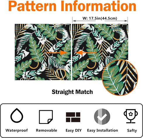 Tropical Green Leaves Wallpaper Peel and Stick Wallpaper Self Adhesive Removable Wallpapers Black Contact Paper for Cabinets Vinyl Countertops Wat...