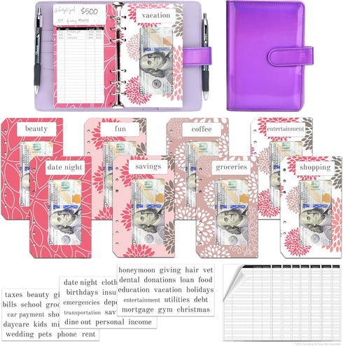 Budget Binder Kit | 8 Premium Cardstock Binder Envelopes w/Clear Window & Velcro-Seal, Backside Ledger, 51 Category Stickers, & 8 Ledger Replaceme...