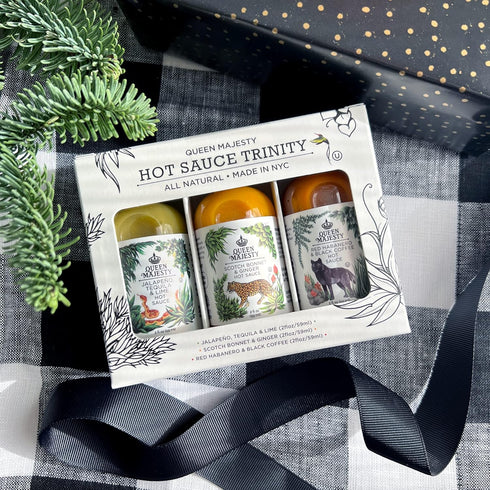Queen Majesty 2OZ HOT SAUCE SAMPLER, Mini 2 oz - Jalapeño, Scotch Bonnet, Red Habanero/Award Winning Sauces - All Natural, Kosher, Vegan, Gluten F...