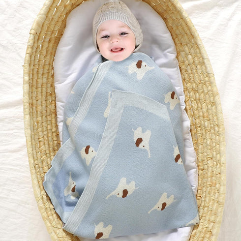 100% Cotton Baby Blanket Knit Soft Cozy Swaddle Receiving Blankets Toddler Infant blanket with Lovely Elephant for Newborn Boy Girls - Light Blue,...