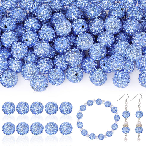 200pcs 10mm Rhinestone Beads for Crafting, Light Blue Shiny Round Disco Ball Beads Bulk, Sparkle Crystal Clay Bead for Necklace Bracelet Earring M...