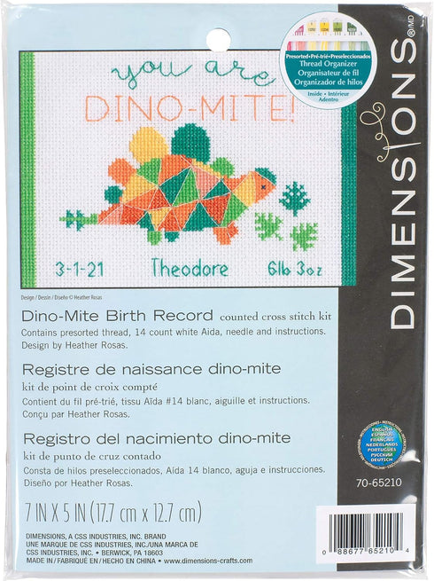 Dimensions 70-65210 Dino-Mite Baby Birth Record Counted Cross Stitch Kit, 14 White Aida, 7'' x 5'...