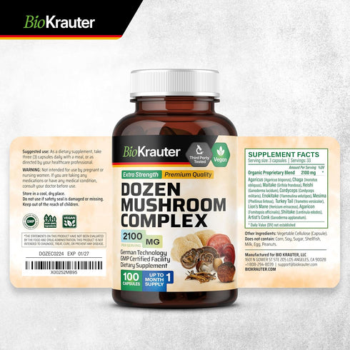 BIO KRAUTER Dozen Mushroom Complex Capsules 2100 mg Blend - 100 Vegan Caps - 12 Extracts in One Mushroom Supplement for Immune Support - Lions Man...