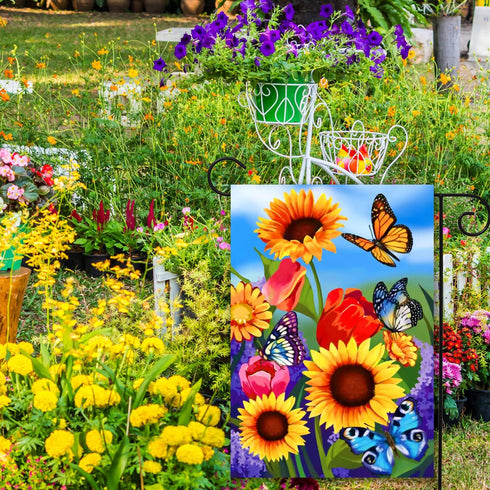 spring garden Flag 12x18 Double Sided Vertical, Small monarch Butterfly Floral Flower Welcome Garden Yard House Flags Outside Outdoor House sunflo...