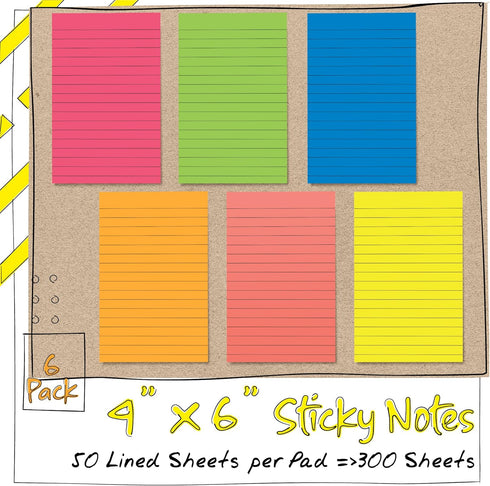 Better Office Products Lined Sticky Notes, 4 x 6, 6 Pack, 300 Sheets (50/Pad), Self Stick Notes with Lines, 6 Bright Assorted Colors, Post Memos, ...