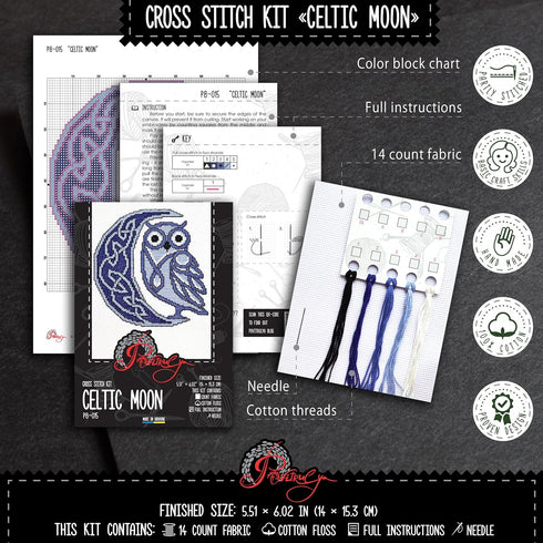 Povitrulya Counted cross stitch kit Celtic moon - DIY embroidery set with presorted floss, 14-count Aida fabric, paper pattern...