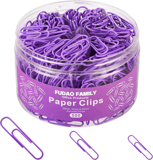 Purple 500pcs Paper Clips Assorted Sizes, Small, Medium and Large?1.1inch, 1.3inch and 2inch) Paper Clips, Vinyl Coated Paperclips for Office, Sch...