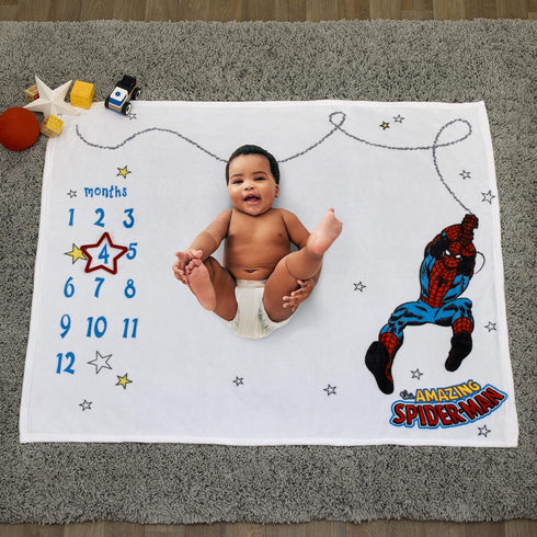 Marvel Amazing Spiderman Red, White, and Blue Super Soft Milestone Baby Blanket...