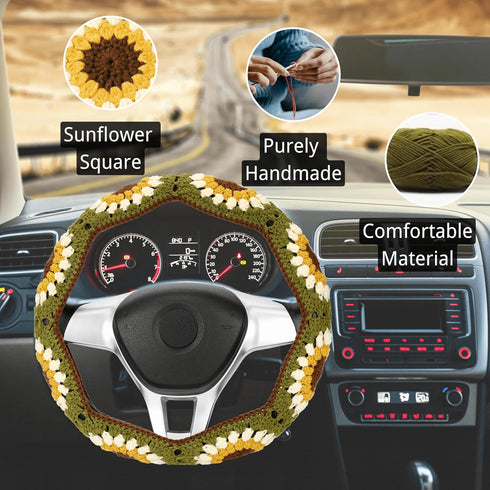 Crochet Steering Wheel Cover Set,Cute Car Steering Wheel Cover Boho 14-15in,Handmade Sunflower Granny Square Pattern Gift for Women Car Accessorie...