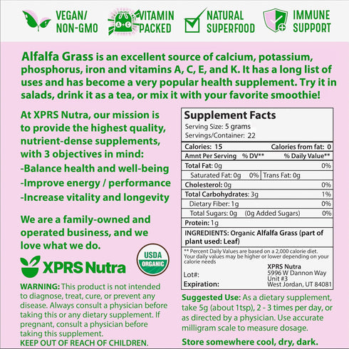XPRS Nutra Organic Alfalfa Powder - Premium Vegan Alfalfa Supplement Rich in Calcium, Antioxidants, Vitamins - Farmer Alfalfa Supplement for Kids ...