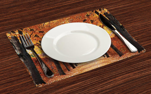 Ambesonne Autumn Place Mats Set of 4, Pathway in The Woods Covered Dried Deciduous Tree Leaves Romantic Fall Season, Washable Fabric Placemats for...