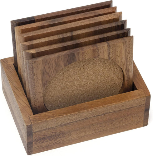 Lipper International Acacia Square with Cork Coasters and Caddy, 7-Piece Set...