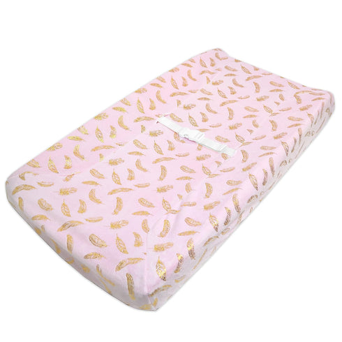 American Baby Company Heavenly Soft Chenille Fitted Contoured Changing Pad Cover, Sparkle Gold Feather on Solid Pink, for Girls...