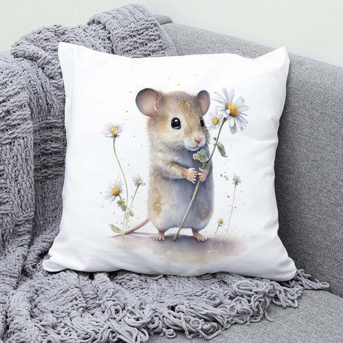 Cute Mouse and Flower 18x18 Inch Throw Pillow Cover, Sweet Floral Mice Decorative Cushion Case, Adorable Rodent Pet Lover Home Room Bed Couch Spri...
