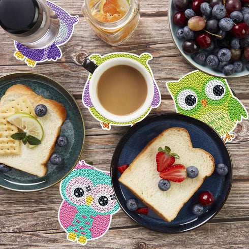 Fsnjcz 10 Pcs Owl Shaped Diamond Painting Coasters Kits with Holder DIY Owl Diamond Painting Coasters Kits Owl Diamond Painting Coasters for Begin...