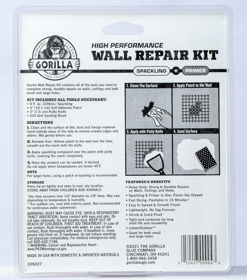 Gorilla Wall Repair Kit Featuring Gorilla Heavy Duty Wall Repair Spackling + Primer White...