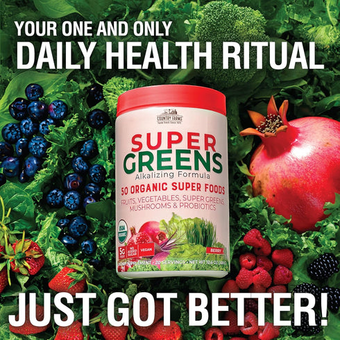 Country Farms Organic Super Greens Berry Flavor, 50 Organic Super Foods, Packed with Fiber, USDA Organic Drink Mix, Fruits, Vegetables, Mushrooms ...