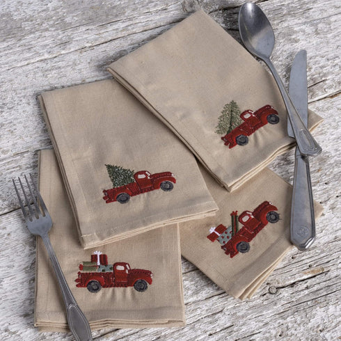 Primitives by Kathy Stitch Art Dinner Napkins Set, Truck with Christmas Tree...