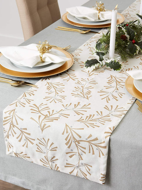 DII Holiday Dining Table Linen Metallic Fabric Kitchen Décor, Christmas Table Runner, 14x108, Gold Holly Leaves...