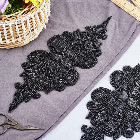 GORGECRAFT 2PCS Bead Embroidery Lace Appliques Flower Pattern Polyester Patches Beaded Tulle Decorative Sewing Ornament Accessories for Wedding Dr...