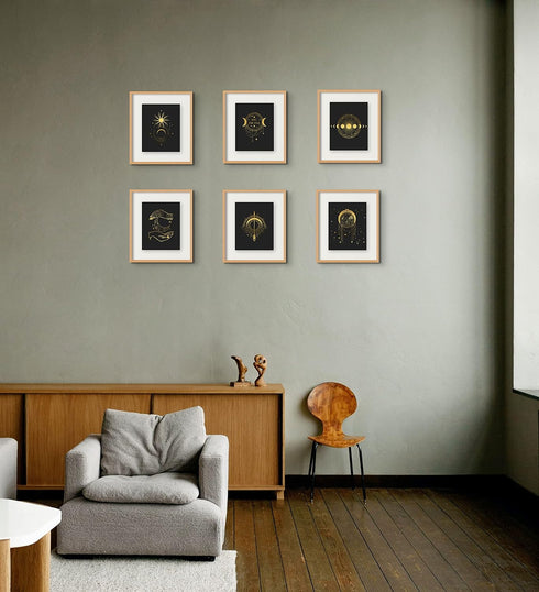 Occult Gold and Black Prints - Set of 6 (8x10) Glossy Wall Art Decor Alchemy - Witch -Third Eye - Planets...