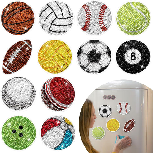 Whaline 12Pcs Sports Ball Diamond Drawing Refrigerator Magnets DIY Cute Balls Rhinestone Painting Full Drill Painting Magnetic Stickers Diamond Ar...