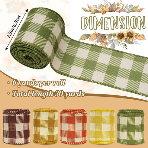 Fall Plaids Wired Edge Ribbon 30 Yards Gingham Patterned Ribbon Autumn Color Buffalo Plaids Fabric Craft Ribbon for Thanksgiving Wreath Bow Making...