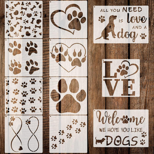 11 Pieces Dog Paw Stencils Trail of Paw Stencil Love Dog Stencils Reusable Painting Templates with Metal Open Ring for DIY Scrapbooks Painting on ...