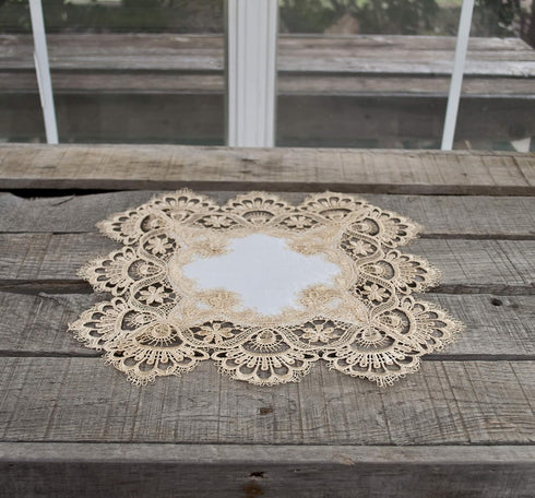 Gold European Lace and Antique Jacquard Fabric Doily, Placemat (14 Inch Square)...